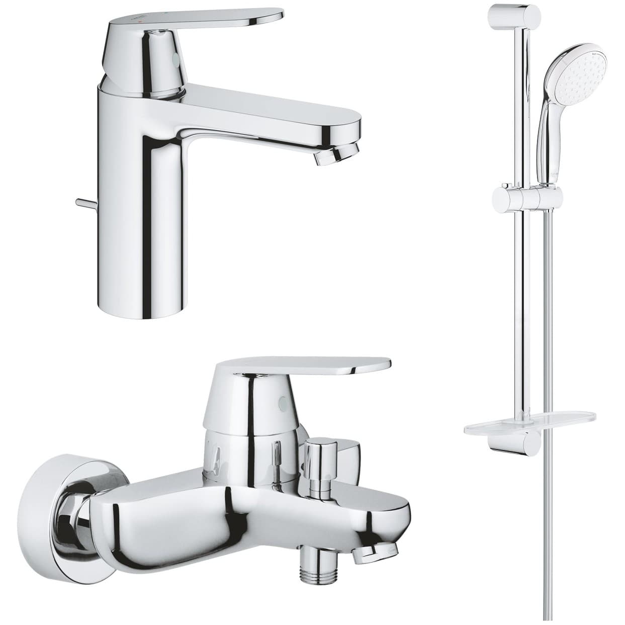 Комплект смесителей Grohe (Гроэ) Eurosmart Cosmopolitan для раковины, ванны с душевым гарнитуром и полкой, хром 1000179