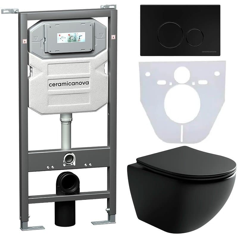 Комплект инсталляции 4 в 1 Ceramicanova (Керамиканова) Подвесной унитаз Metropol Rimless арт. CN4002MB + Шумоизоляционная панель для инсталляции арт. CN1000 + Система инсталляции для унитазов CERAMICANOVA Envision с кнопкой смыва Round цвет черный матовый