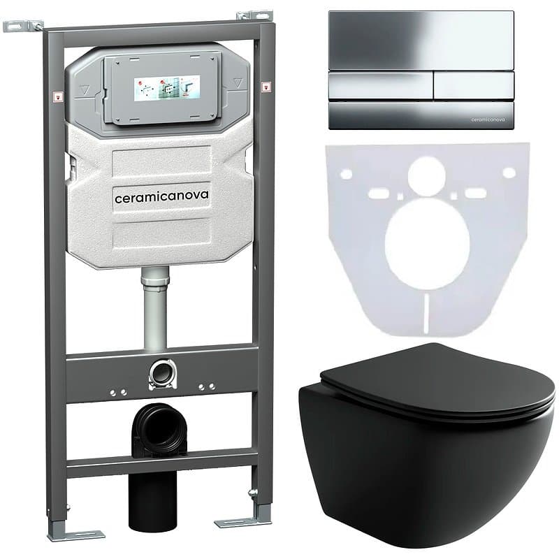 Комплект инсталляции 4 в 1 Ceramicanova (Керамиканова) Подвесной унитаз Metropol Rimless арт. CN4002MB + Шумоизоляционная панель для инсталляции арт. CN1000 + Система инсталляции для унитазов CERAMICANOVA Envision с кнопкой смыва Flat цвет хром, крепления