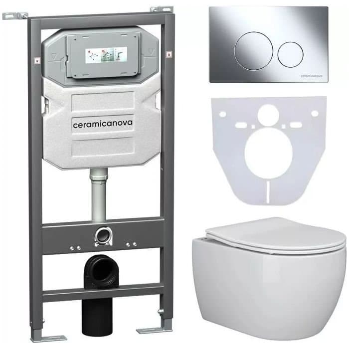 Комплект инсталляции 4 в 1 Ceramicanova (Керамиканова) Подвесной унитаз PLAY Rimless арт. CN3001 + Шумоизоляционная панель для инсталляции арт. CN1000 + Система инсталляции для унитазов CERAMICANOVA Envision с кнопкой смыва Round цвет хром и креплениями,