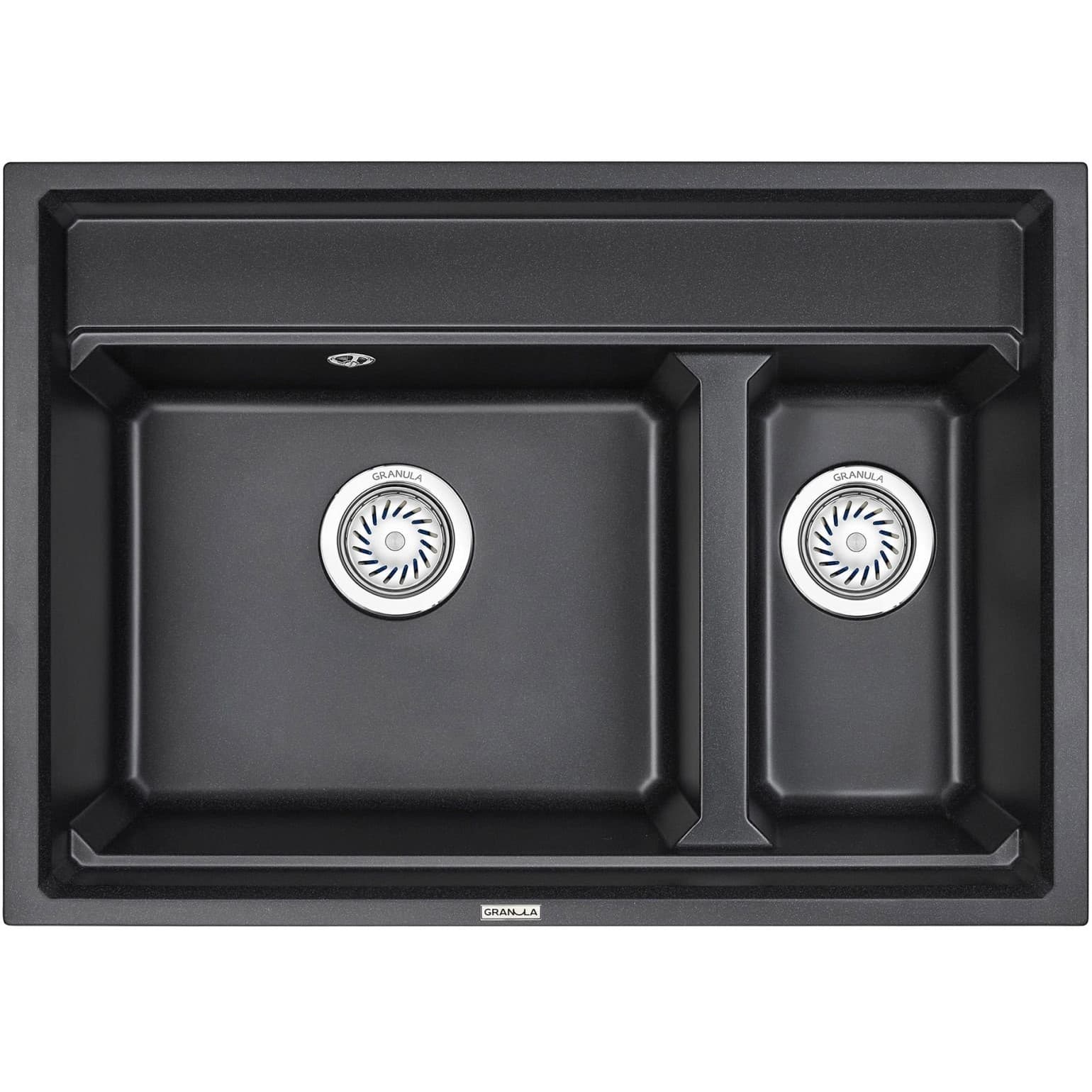 Кухонная мойка кварцевая Granula (Гранула) Kitchen Space с ролл-матом и дозатором KS-7302 прямоугольная двухсекционная, китчен спейс, чаша 445x380, 190x380, цвет черный (7302bl)