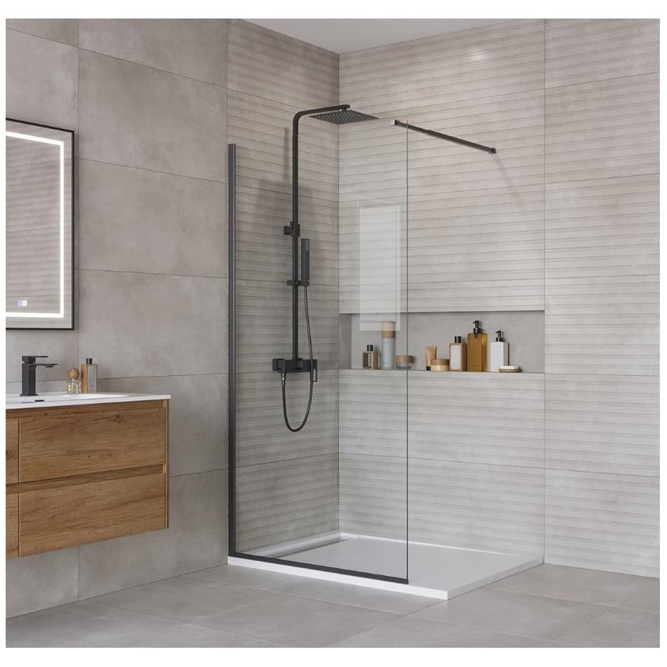 Душевая перегородка с односторонним входом, BelBagno (Бельбагно) KRAFT-L-1-110-C-NERO черный, стекло прозрачное 6 мм (1100х1950х650-1200)